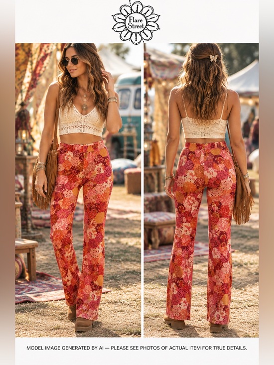Flare Street Pants - Flare Street Velvet Flare Pant XL Geometric Floral Retro 70 Boho Festival Hippie